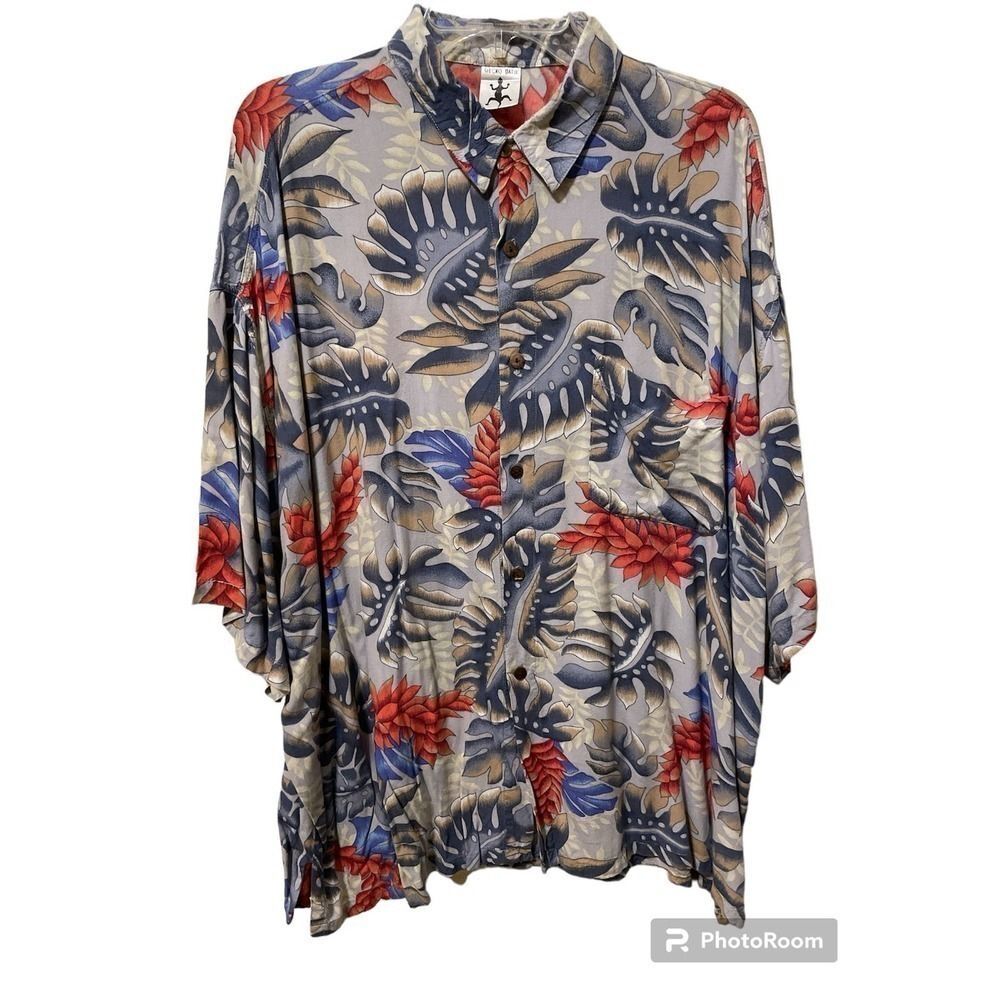 Gecko Batik men's short-sleeved tropical button-down XL collared rayon shirt